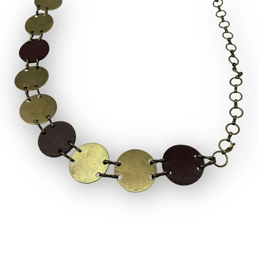 Metal & Faux Leather Ornate Circle Coin Chain Red Stones Brass Tone Belt 41”